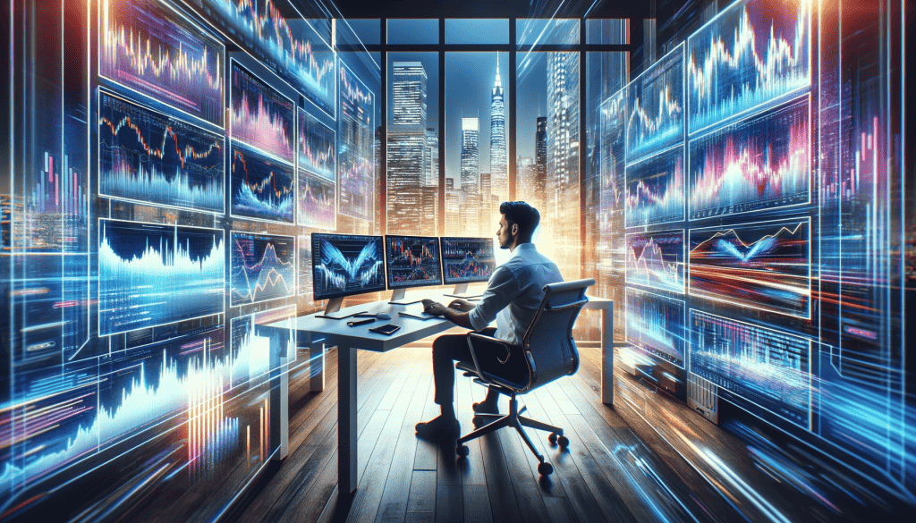 An exciting, dynamic image titled 'Forex Trading for Beginners'. The scene features a young adult of Hispanic descent, sitting at a modern, sleek desk