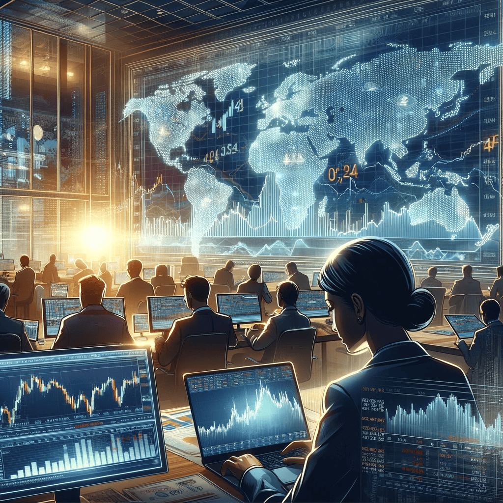 An illustration depicting the concept of Forex trading, showing a diverse group of traders around a large, glowing digital screen
