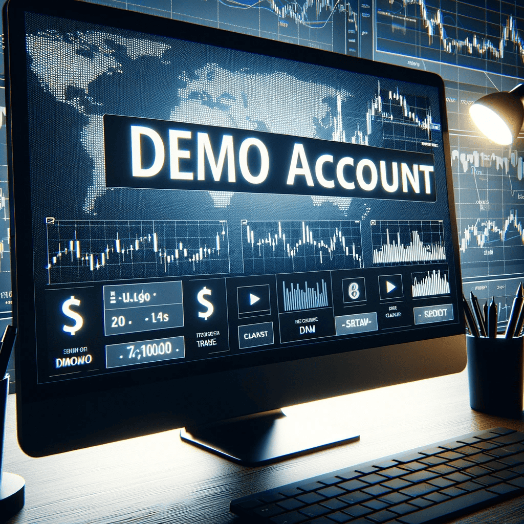 An image depicting a trading screen with the text 'Demo Account' correctly spelled, prominently displayed. The screen should show forex trading charts