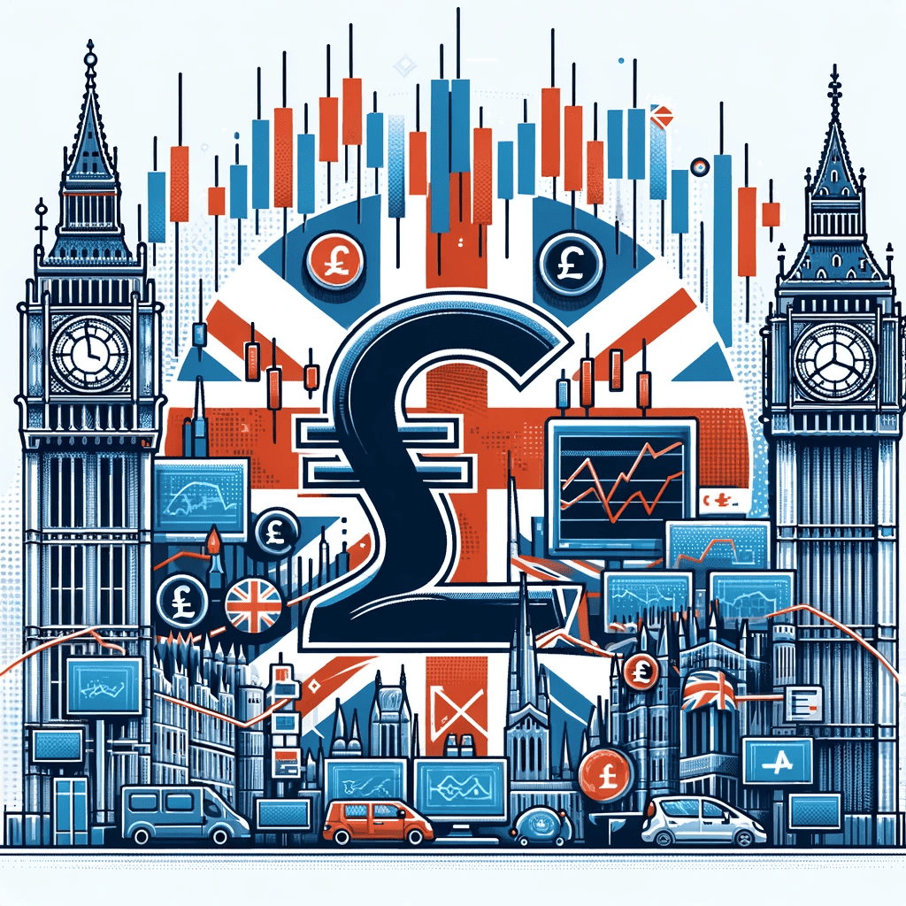 Depicting forex trading in the context of the United Kingdom. The illustration should include symbols