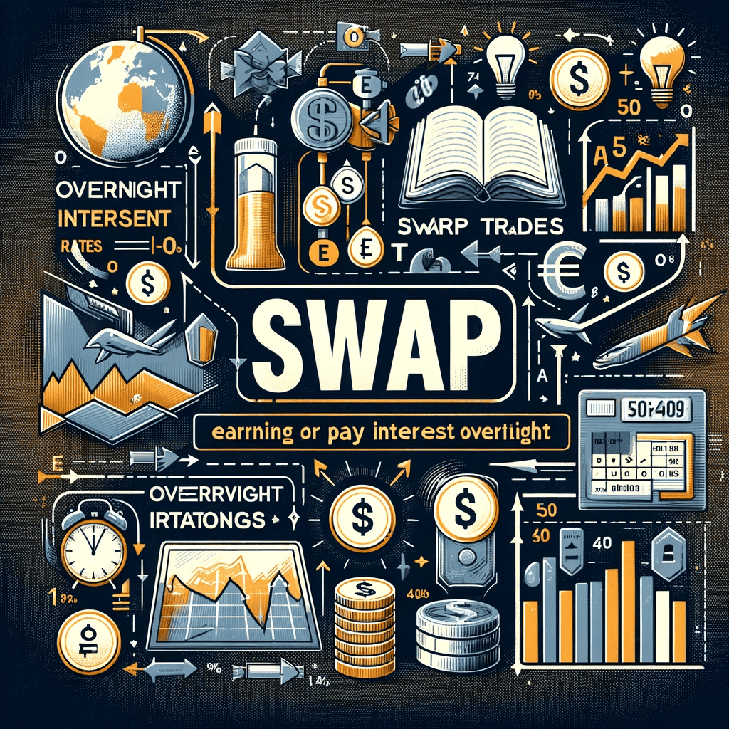 Swap Trading in Forex. The image should include symbols of currencies